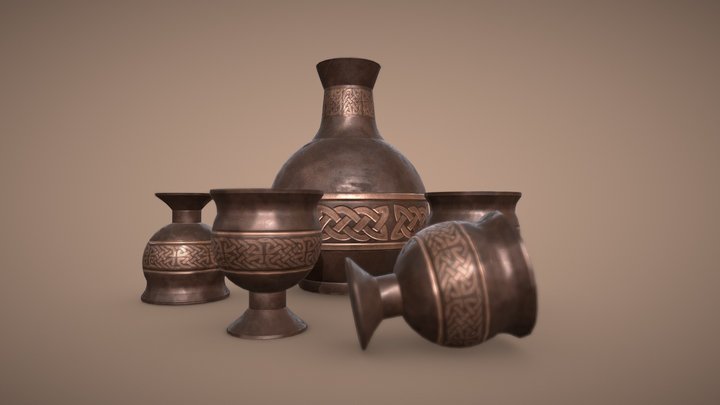 Medieval Bronze Jar and Goblets 3D Model