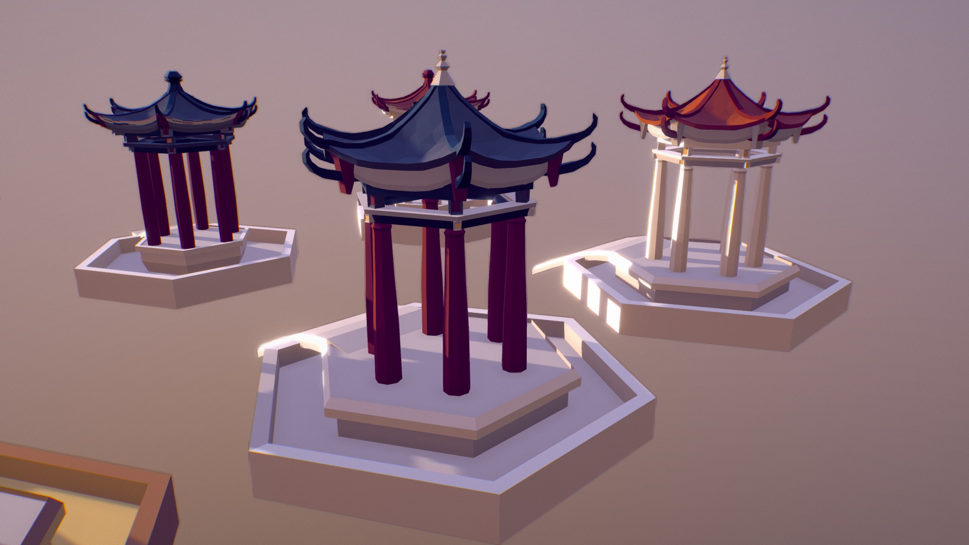 3D model Asian Style Arbours ( Low Poly ) - This is a 3D model of the Asian Style Arbours ( Low Poly ). The 3D model is about a group of small white and blue structures with red and blue bows.