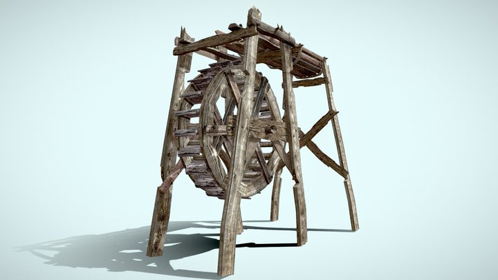 Animated Old Wooden Water Wheel 3D Model