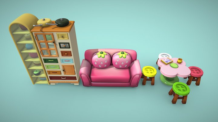 Cute Cartoon Furniture Set 3D Model