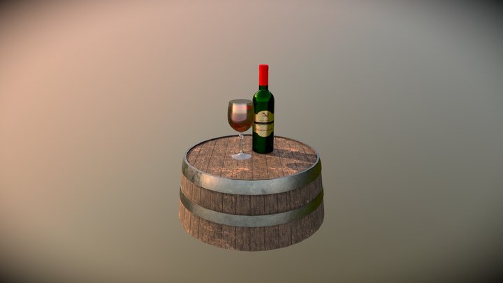Wine & Bottle on Barrel 3D Model