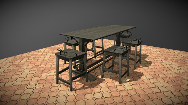 Counter Height Table w/Low Back Stool Dinette 3D Model