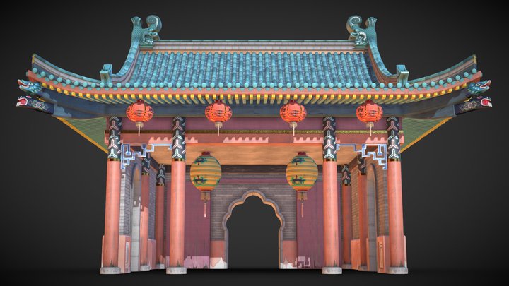 Chinese Temple Entrance Hallway 3D Model