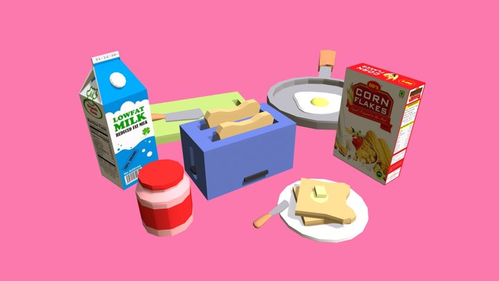 Low Poly Breakfast Props 3D Model