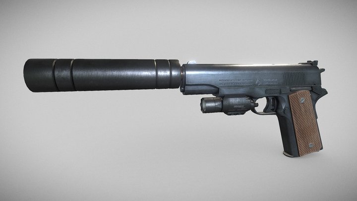 Colt 1911 (Silencer + Flashlight) 3D Model