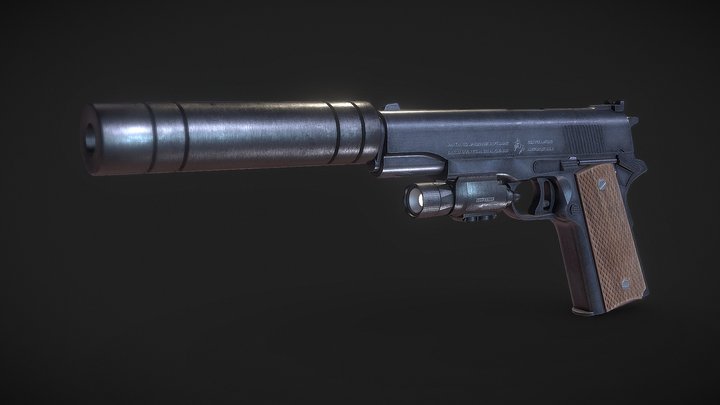 Colt 1911 (Silencer + Flashlight) 3D Model