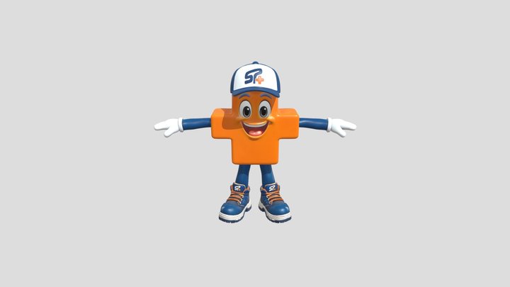 Orange cartoon mascot wearing a cap and sneaker