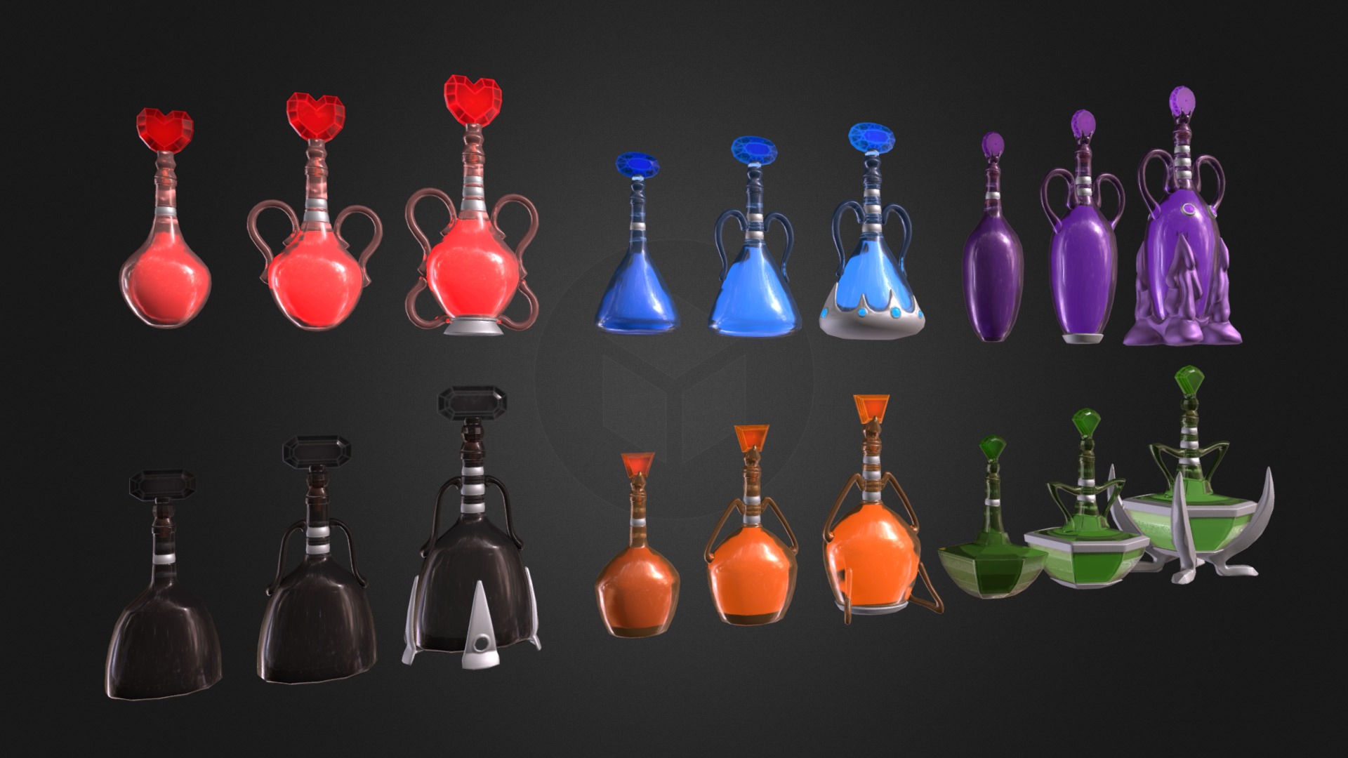 3D model Six Fantasy Potion Sets. - This is a 3D model of the Six Fantasy Potion Sets.. The 3D model is about a group of glass vases.