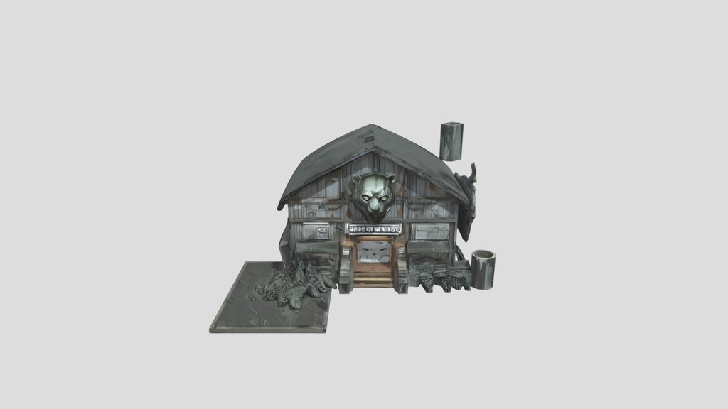 Rustic outpost building with wolf emblem