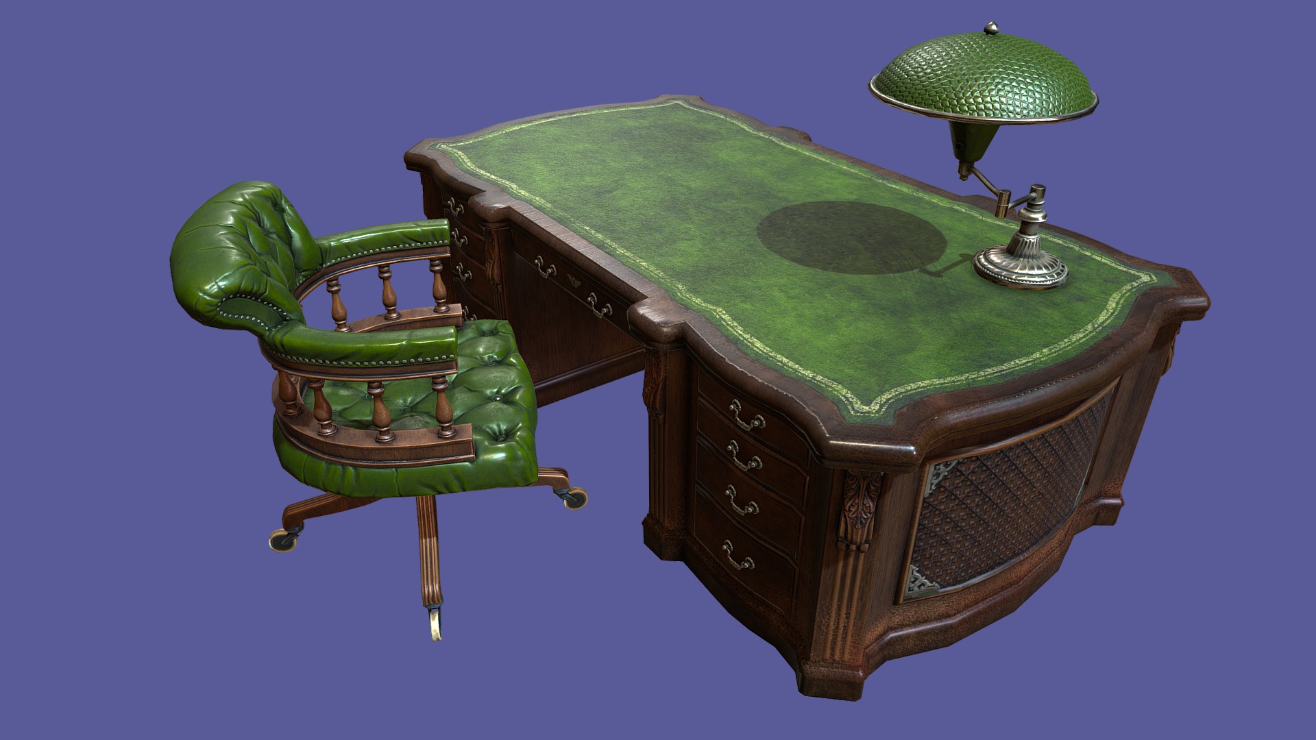 3D model Vintage noir office low poly desk - This is a 3D model of the Vintage noir office low poly desk. The 3D model is about a green and gold military tank.
