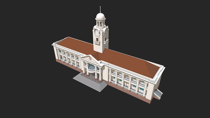 Chinese High School Clock Tower Building 3D Model