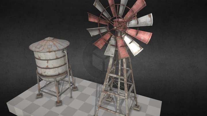 Windmill water pump and water storage tank 3D Model