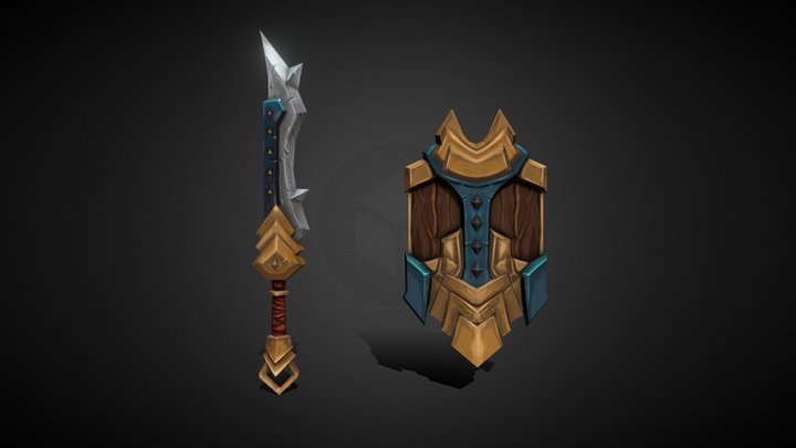 Stylized Sword and Shield Weapons Game-Ready LP 3D Model