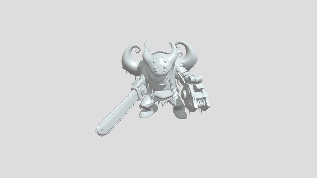 demonic horned creature wielding a chainsaw arm