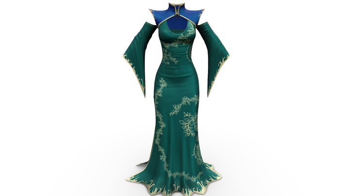 Emerald Elegance Gown w Mandarin Collar Bolero 3D Model