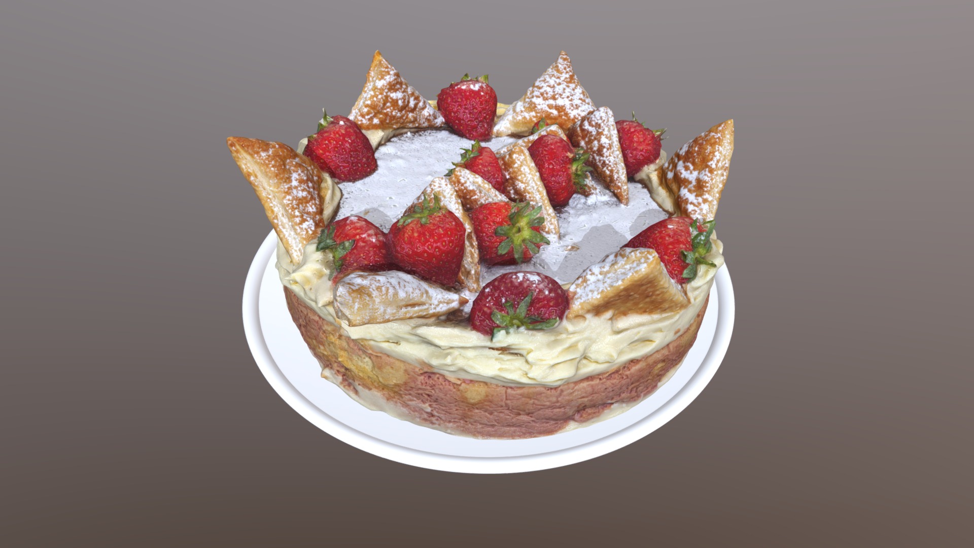 3D model Diplomatic Cake - This is a 3D model of the Diplomatic Cake. The 3D model is about a plate of pancakes with strawberries on top.
