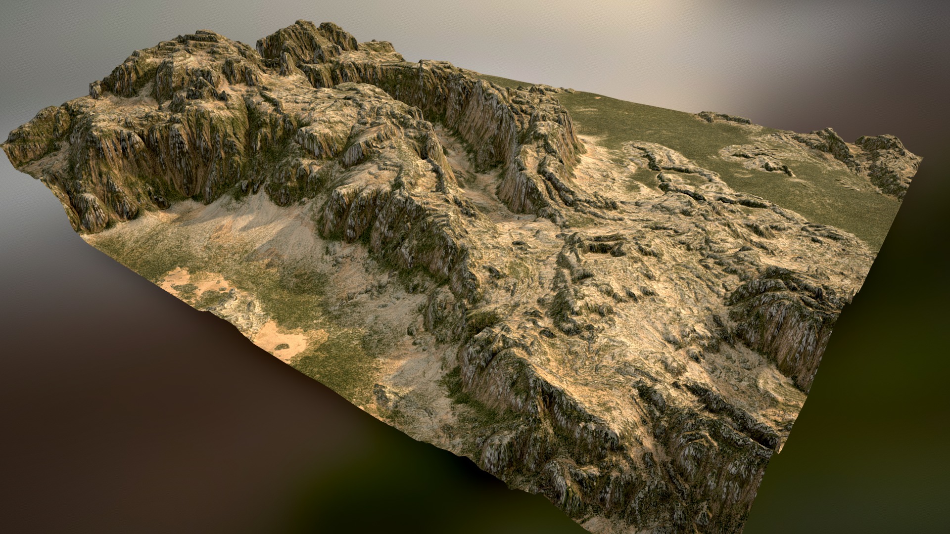3D model Winding Chasm Badlands – Dry - This is a 3D model of the Winding Chasm Badlands - Dry. The 3D model is about a rocky mountain with a body of water below.