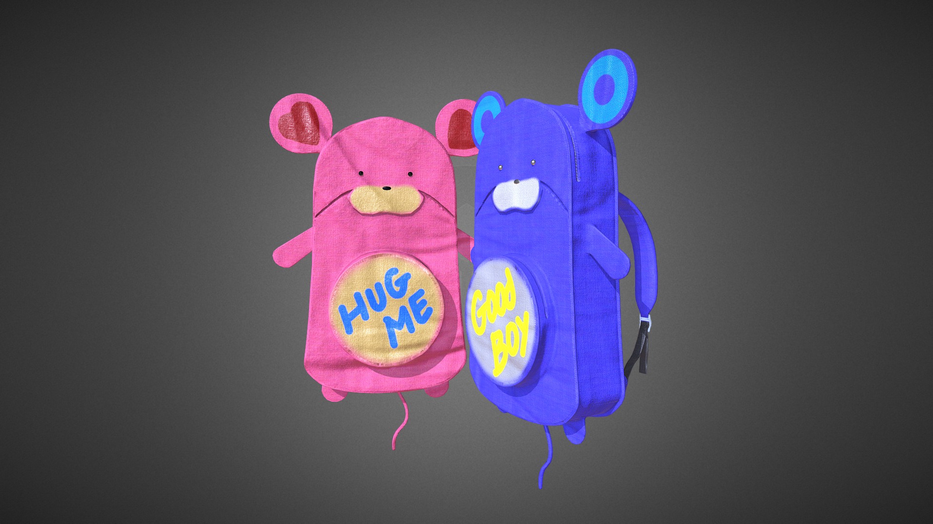 3D model mouse modeled child’s bag - This is a 3D model of the mouse modeled child's bag. The 3D model is about two stuffed animals with faces.