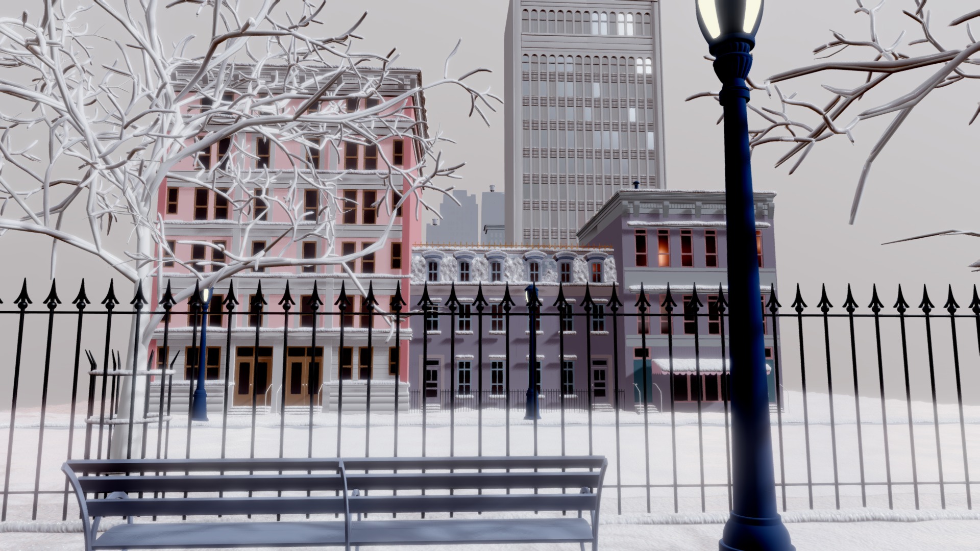 3D model 3D Street Day Snow - This is a 3D model of the 3D Street Day Snow. The 3D model is about a large building with a black fence.