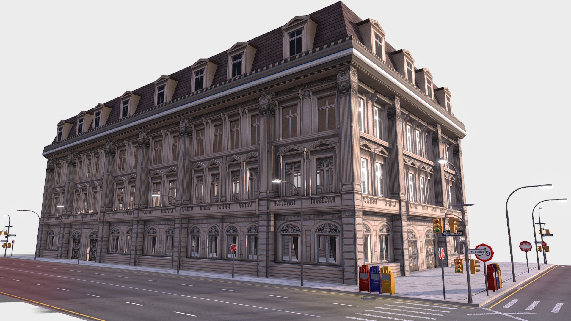3D model Low poly city block 16 - This is a 3D model of the Low poly city block 16. The 3D model is about a large building with many windows.
