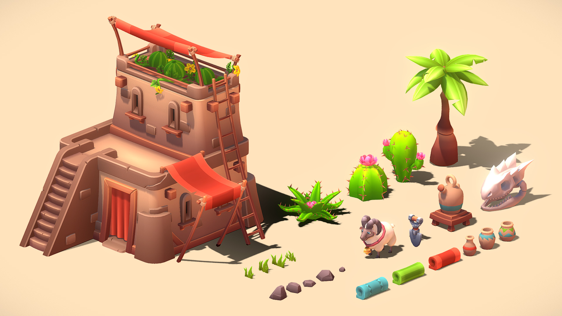 3D model Asset Set – Gradient Desert - This is a 3D model of the Asset Set - Gradient Desert. The 3D model is about a toy house made of building blocks.