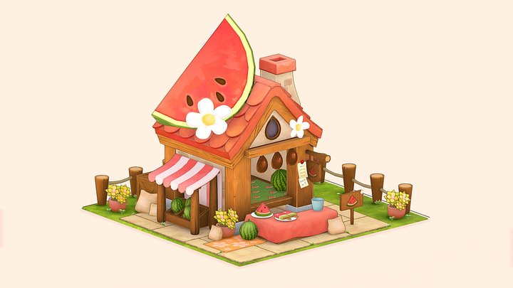 Stylized Watermelon Stall 3D Model