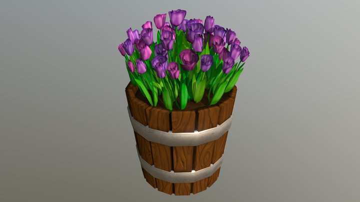 Flowerbarrel with Tulips 3D Model