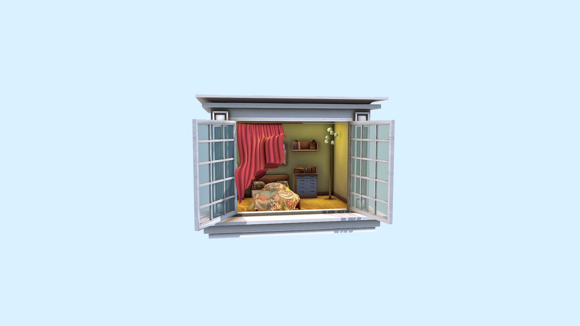 3D model Flying Window Skybox Room - This is a 3D model of the Flying Window Skybox Room. The 3D model is about a small house with a red flag.