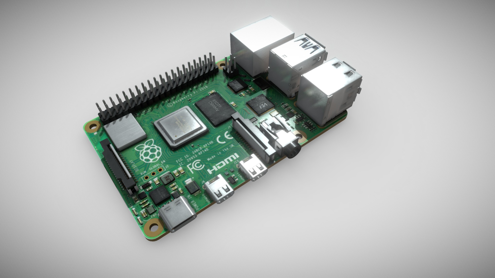 3D model Raspberry Pi 4 Model B - This is a 3D model of the Raspberry Pi 4 Model B. The 3D model is about a green circuit board.