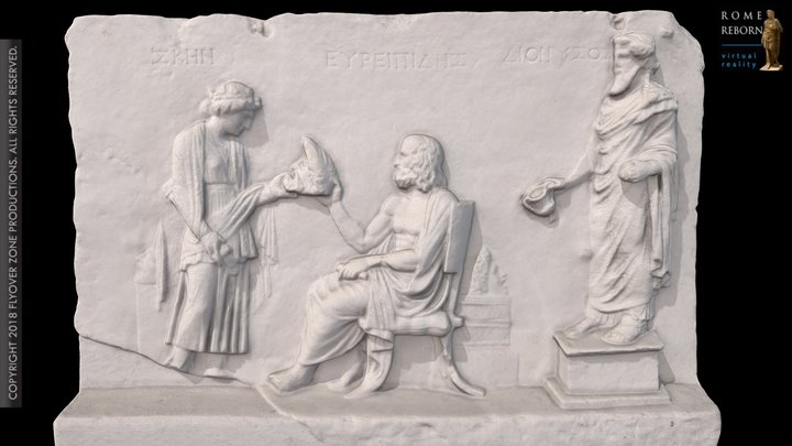 3D rendering of Skene, Euripides, and Dionysus