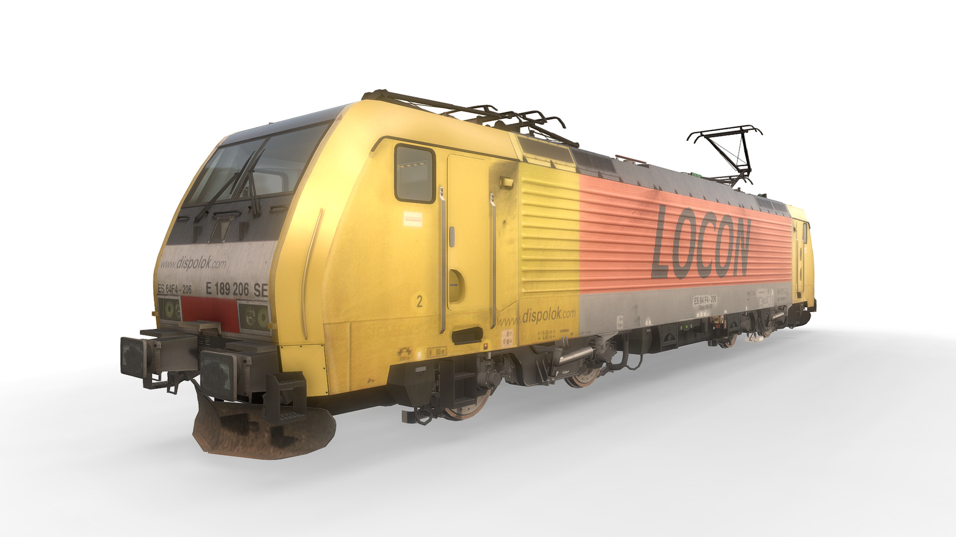 3D model Locomotive ES64F4 – 189 206-6 – Dispo / LOCON - This is a 3D model of the Locomotive ES64F4 - 189 206-6 - Dispo / LOCON. The 3D model is about a yellow and red train.