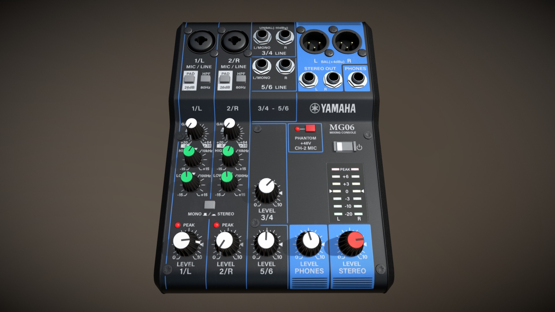 3D model Yamaha MG06 Mixer Midpoly - This is a 3D model of the Yamaha MG06 Mixer Midpoly. The 3D model is about a couple of black rectangular devices.
