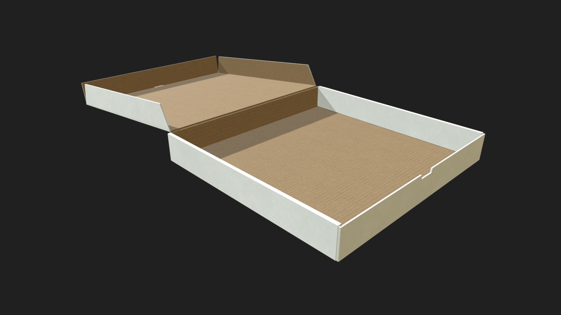 3D model Open pizza box - This is a 3D model of the Open pizza box. The 3D model is about a cardboard box on a black background.