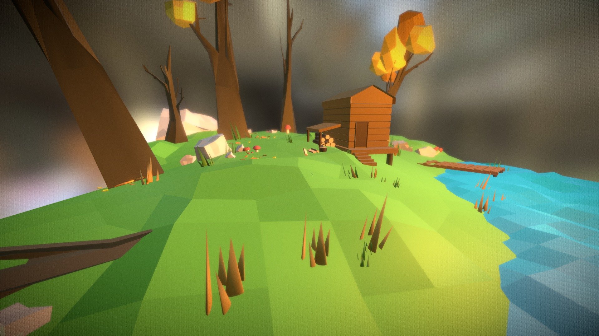 Low poly - forest, wooden house, lake