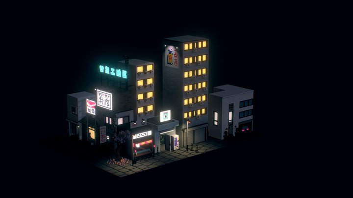 Japanese City at Night 3D Model