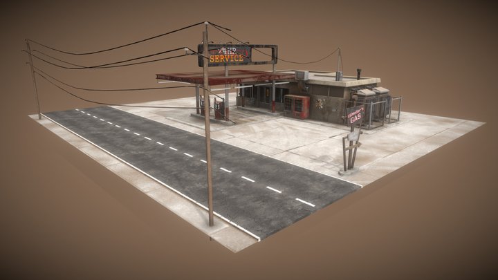 Old Gas Station PBR Game-Ready Low-Poly 3D Model