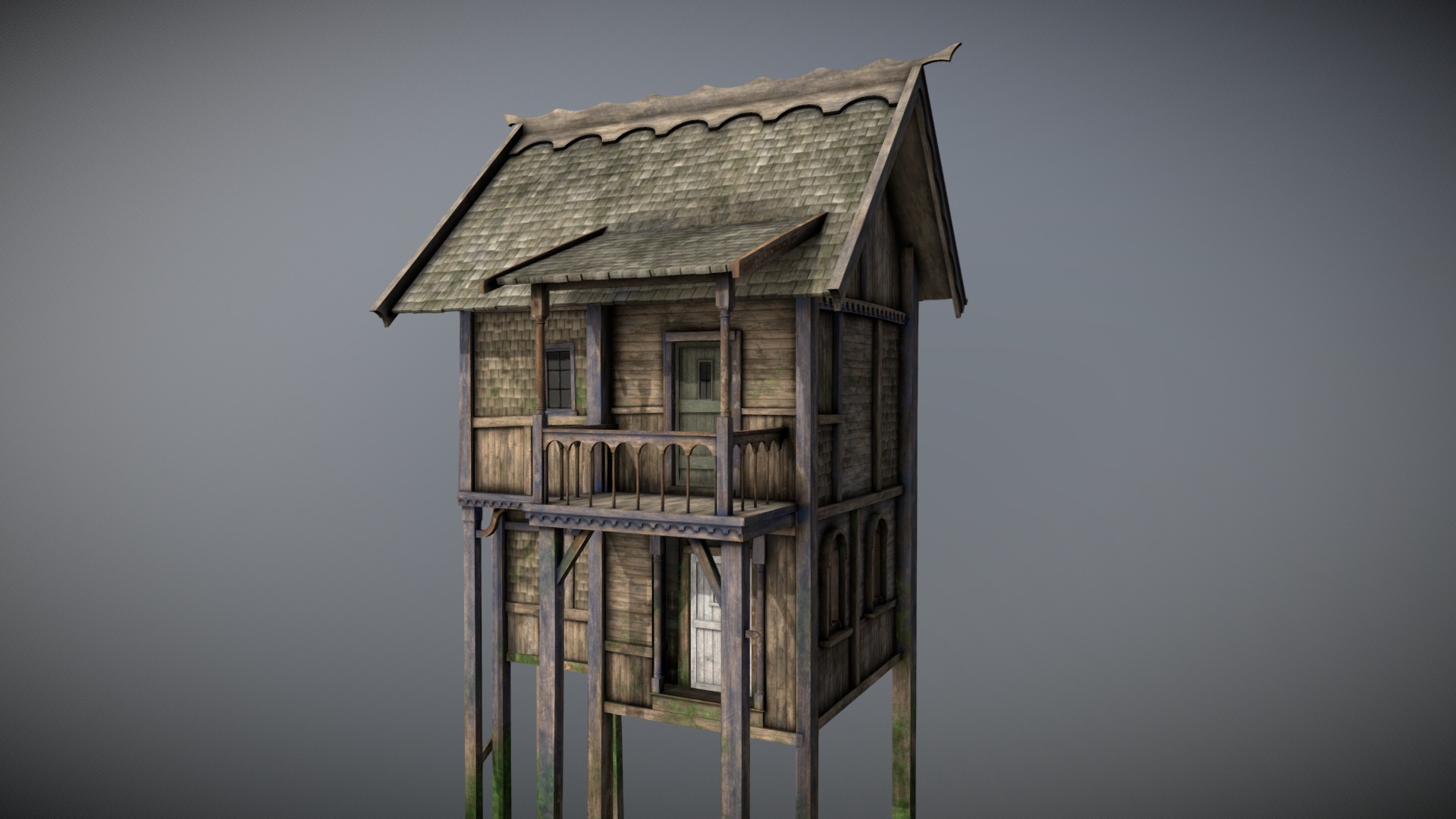 3D model Medieval Lake Village – House 8 with interiors - This is a 3D model of the Medieval Lake Village - House 8 with interiors. The 3D model is about a wooden house with a balcony.