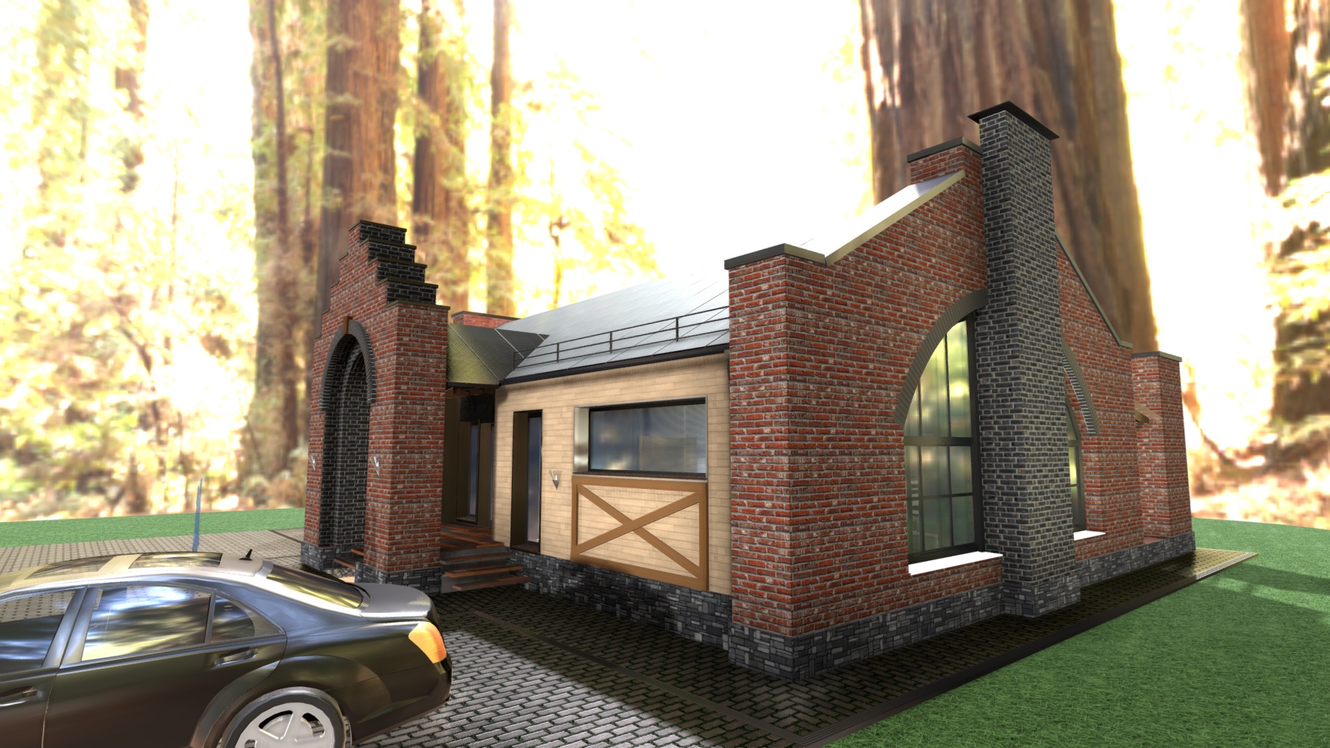 3D model Misterious House – walk inside - This is a 3D model of the Misterious House - walk inside. The 3D model is about a brick house with a car parked in front of it.