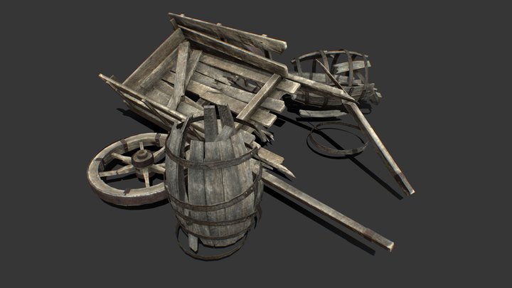 Medieval Broken Cart and Barrels 3D Model