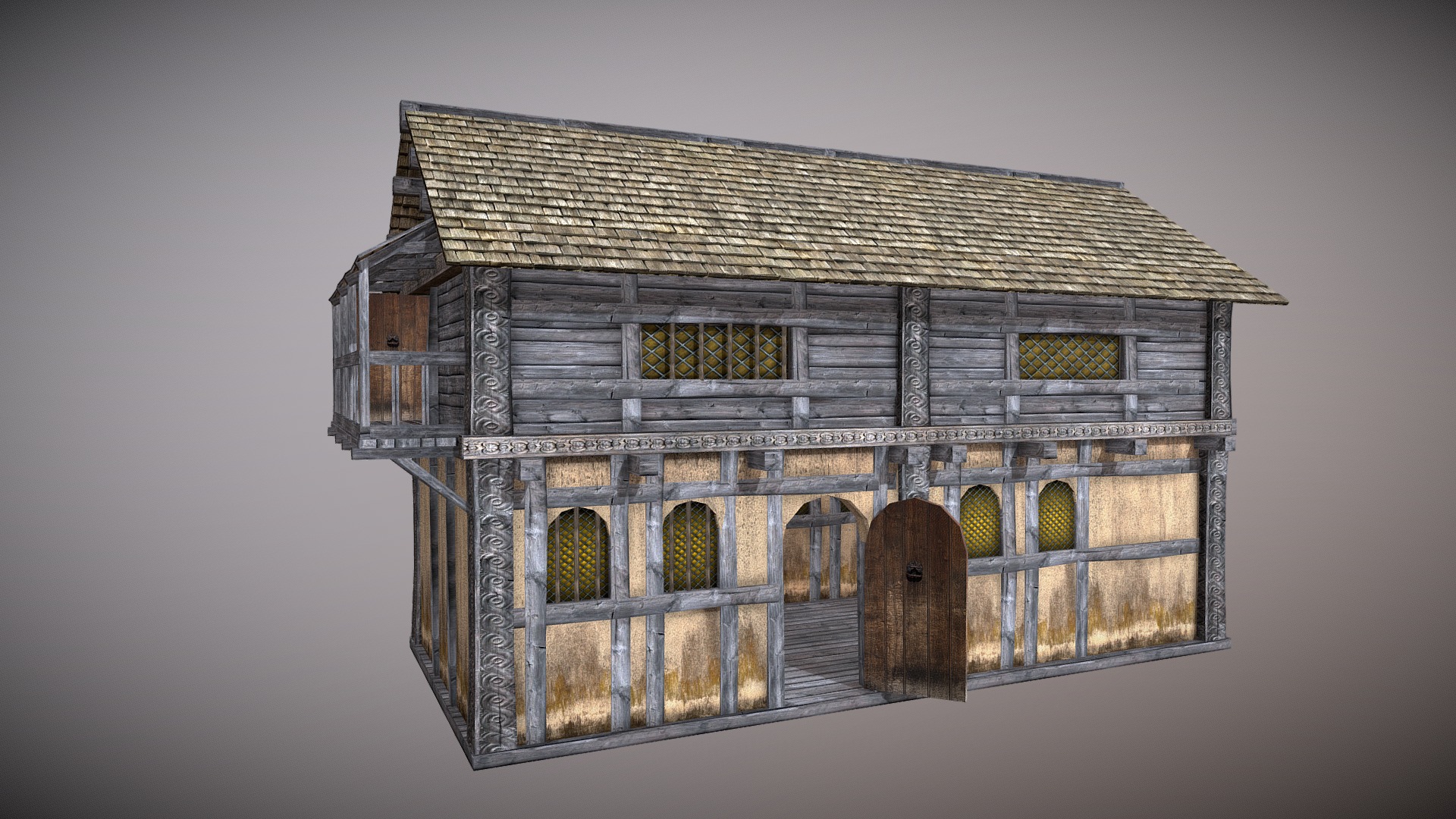 3D model Village House 7 - This is a 3D model of the Village House 7. The 3D model is about a wood house with windows.