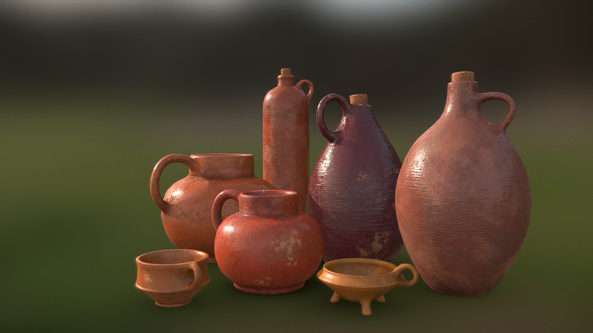 3D model Antique Dutch Cups and Bottles - This is a 3D model of the Antique Dutch Cups and Bottles. The 3D model is about a group of clay pots.