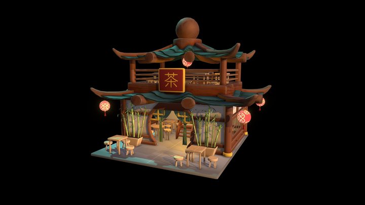 Stylized Chinese Teahouse Diorama 3D Model