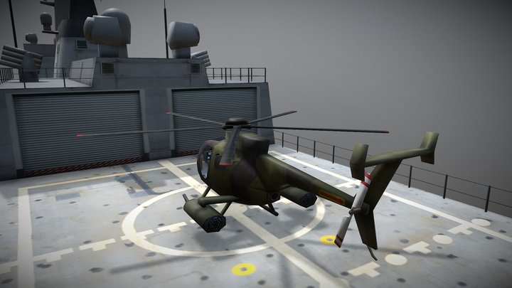 Low Poly Frigate Ship with Helicopter 3D Model
