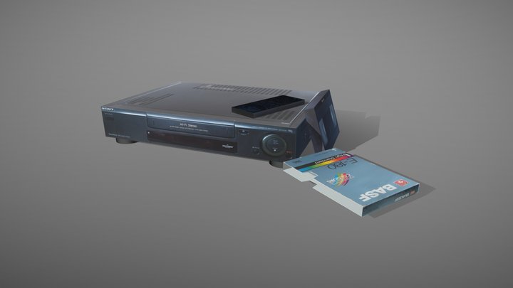 90s VHS Player with Remote, Tape and Tape Box 3D Model