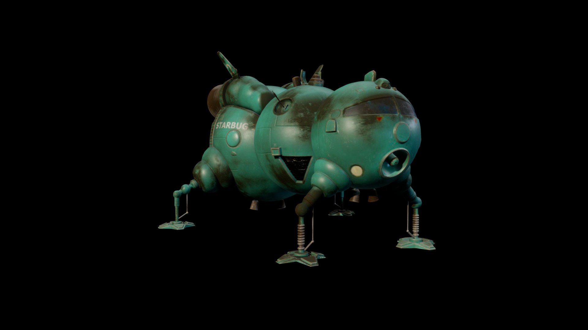 3D model Starbug (Red Dwarf) - This is a 3D model of the Starbug (Red Dwarf). The 3D model is about a green robot with a black background.