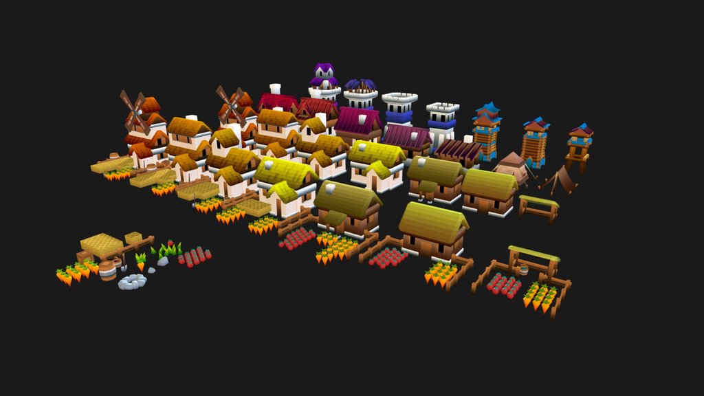 simple low poly village buildings