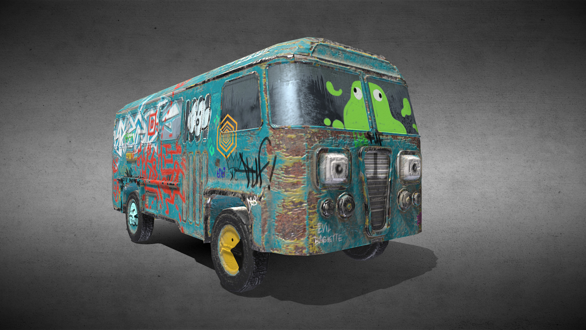 3D model Bus covered in graffiti - This is a 3D model of the Bus covered in graffiti. The 3D model is about a toy bus on a table.