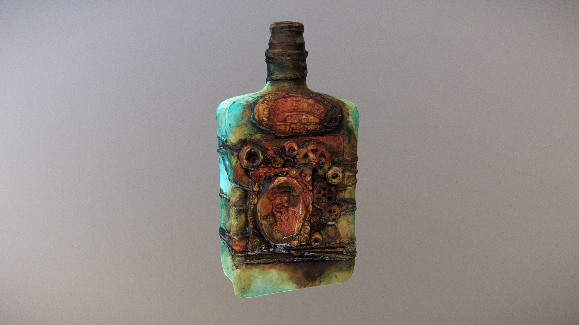 3D model Steampunk bottle - This is a 3D model of the Steampunk bottle. The 3D model is about a glass bottle with a blue and gold top.