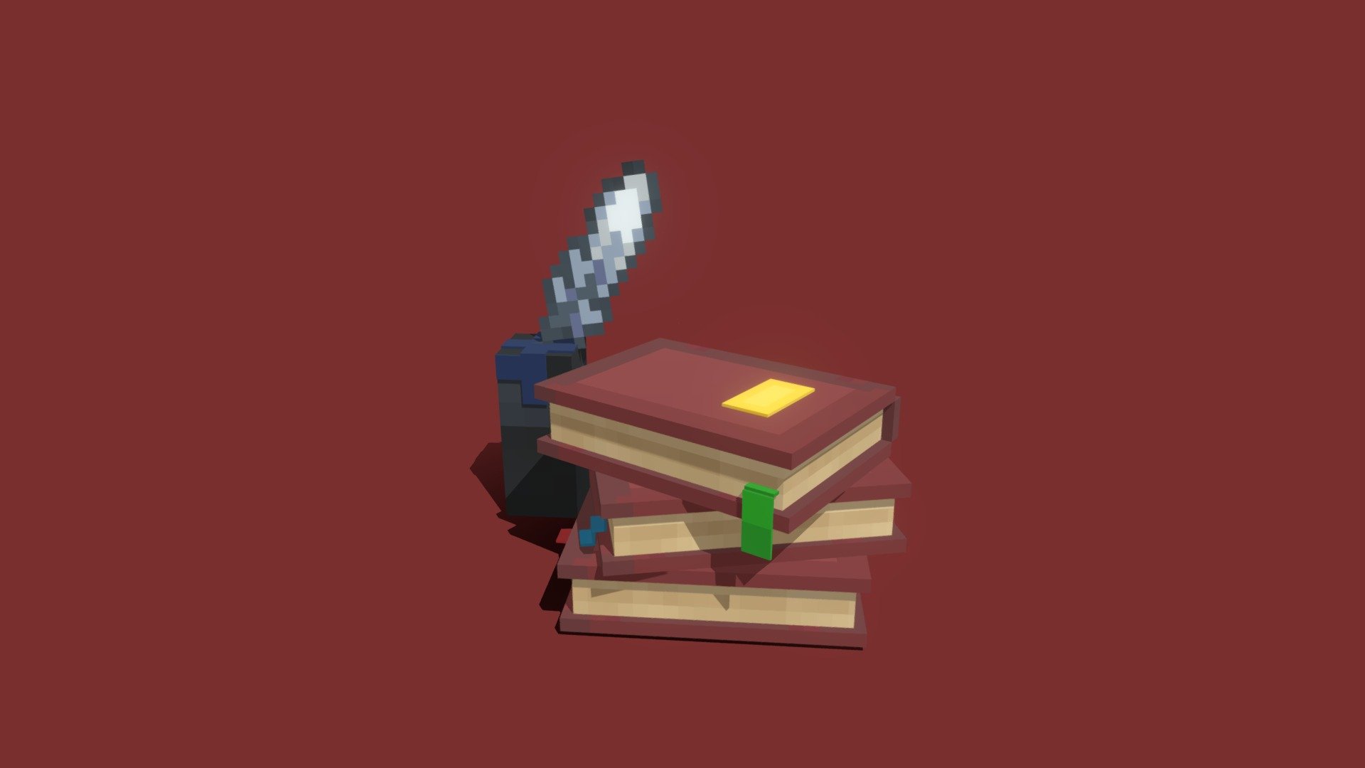 A Pile Of Books, An Inkwell And A Feather - 3d Model By 