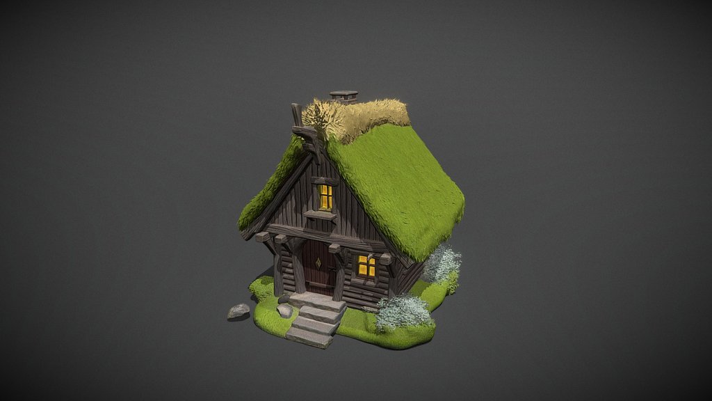 Stylized Turf Roof Wooden Hut
